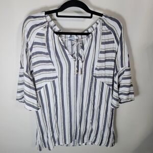 Blue Island  Blue & Gold Striped Bell Sleeve Coverup w/ Pockets, Size M